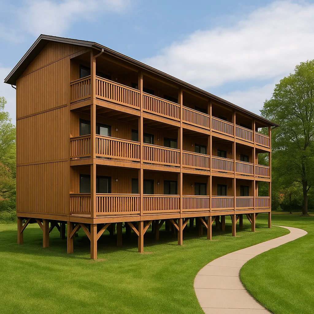 Three-story Stilted Apartment Building with Wooden Balconies Surrounded by Grass