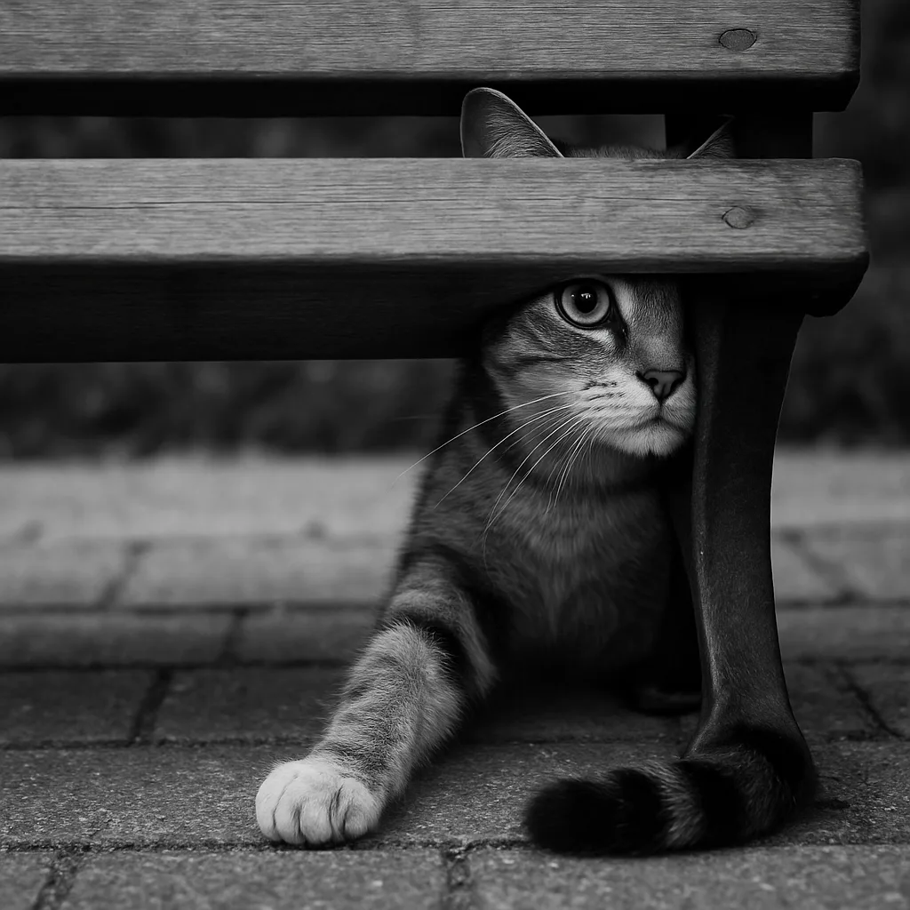 Cat Partially Hidden Behind a Bench with its Paw