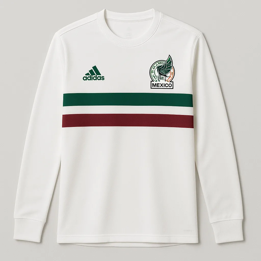 White Long-sleeve Soccer Jersey Featuring Mexico's National Team Emblem