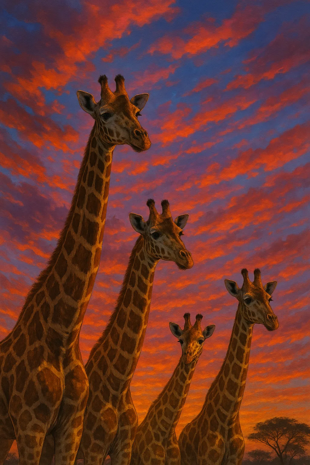 Group of Four Giraffes Beneath a Colorful