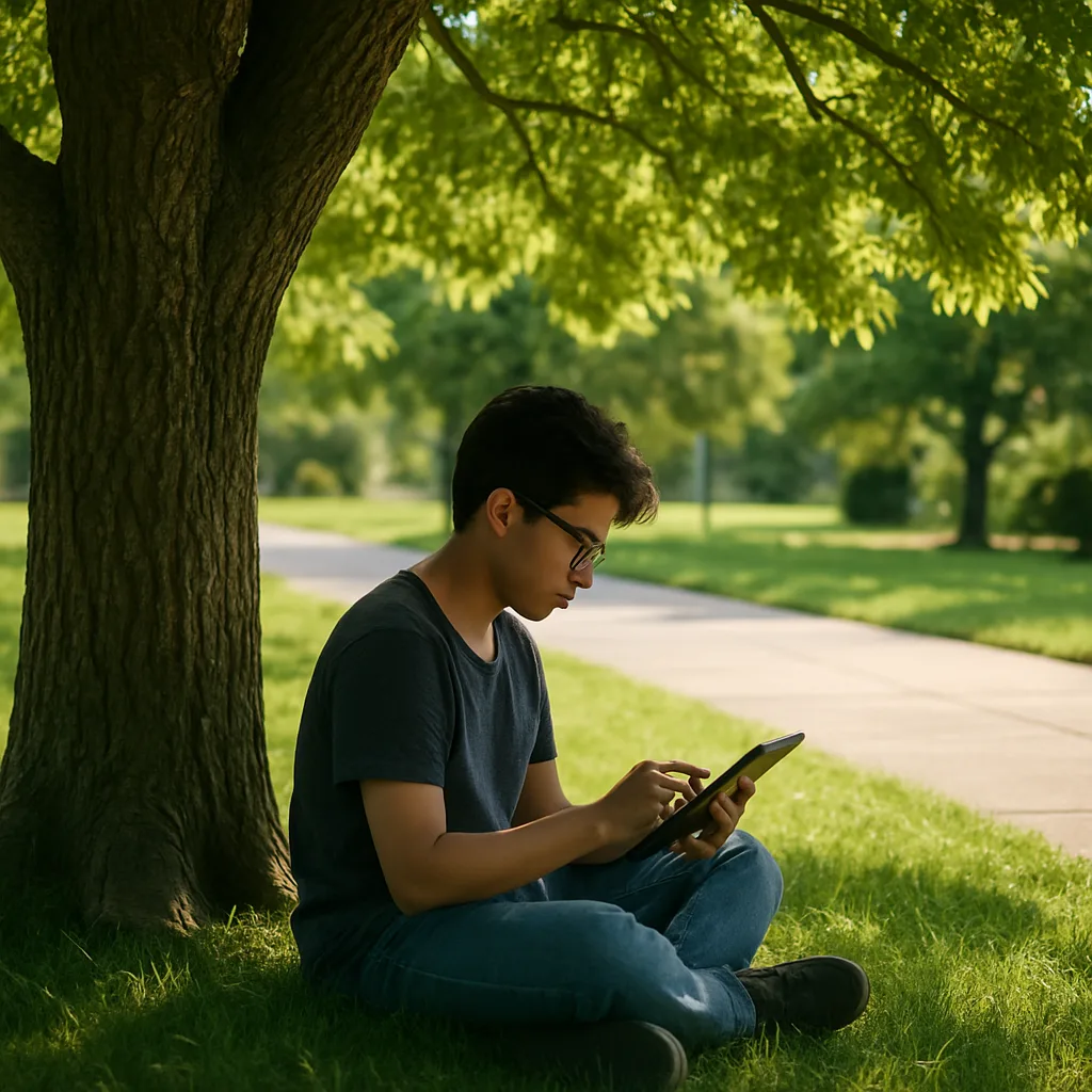 Person Sitting on Grass Next to a Sidewalk