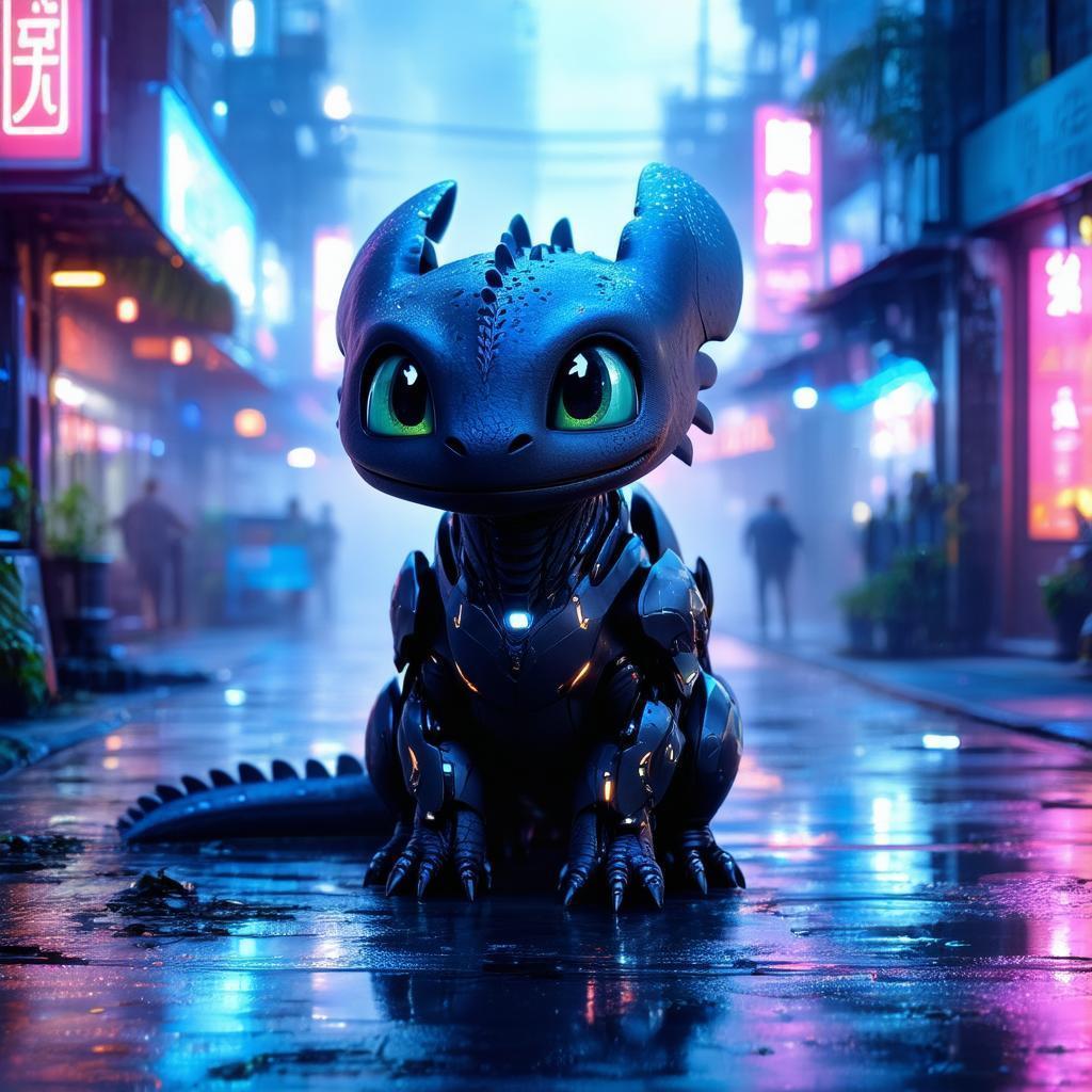 Cybernetic Toothless Prowling Neon Lit Streets