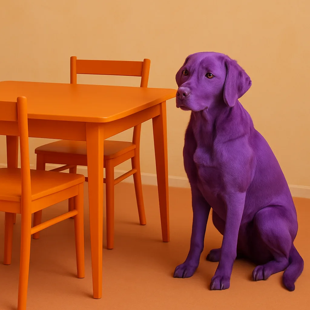 Purple Dog Alongside an Orange-colored Dining Table