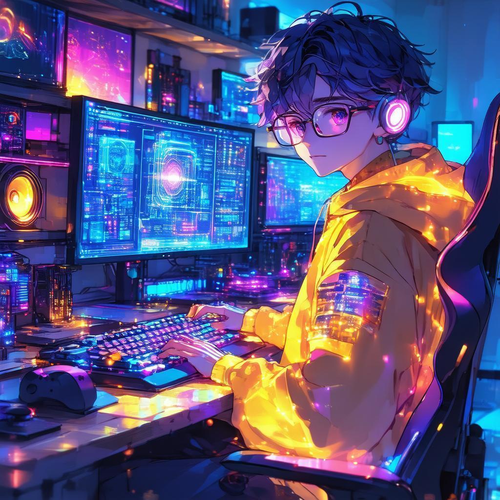 Nerdy Boy Coding Amid Glowing Gadgets