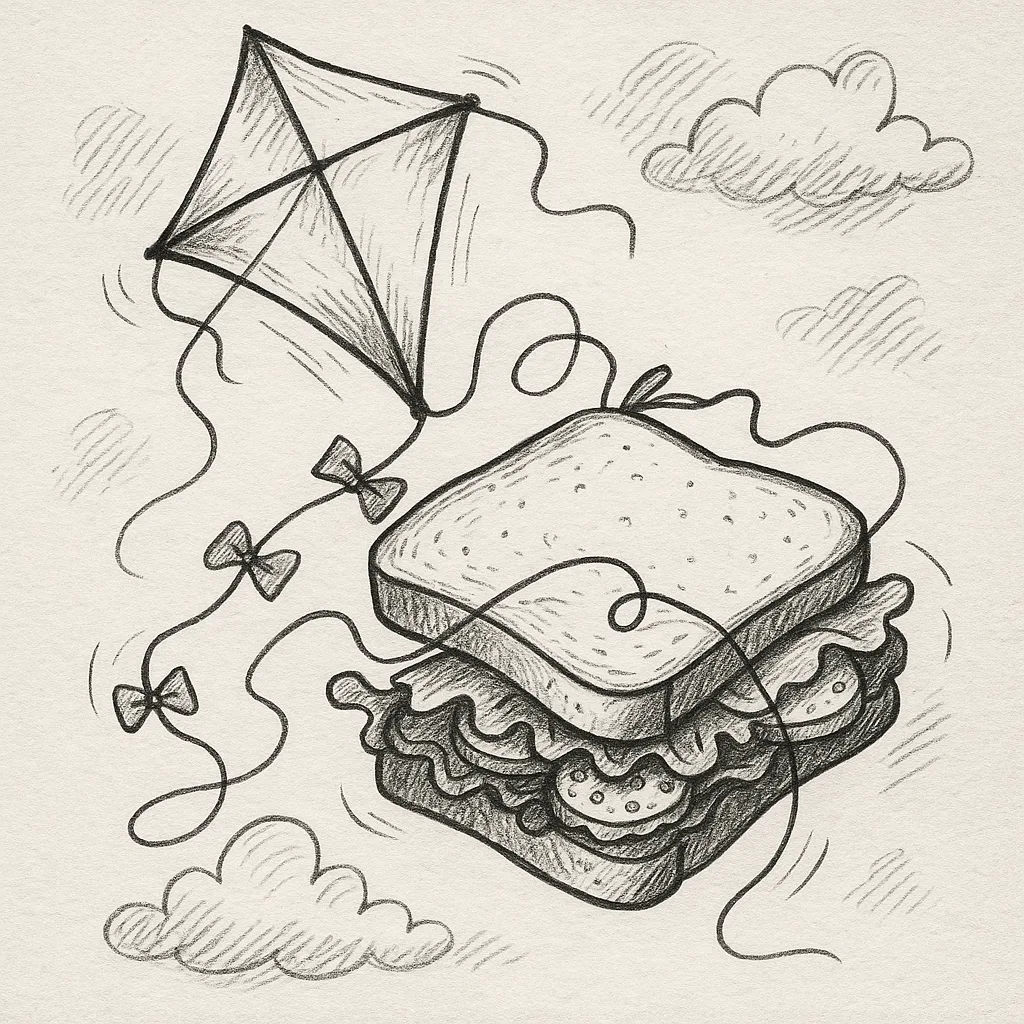 Lighthearted Black-and-white Drawing Depicting a Kite Caught