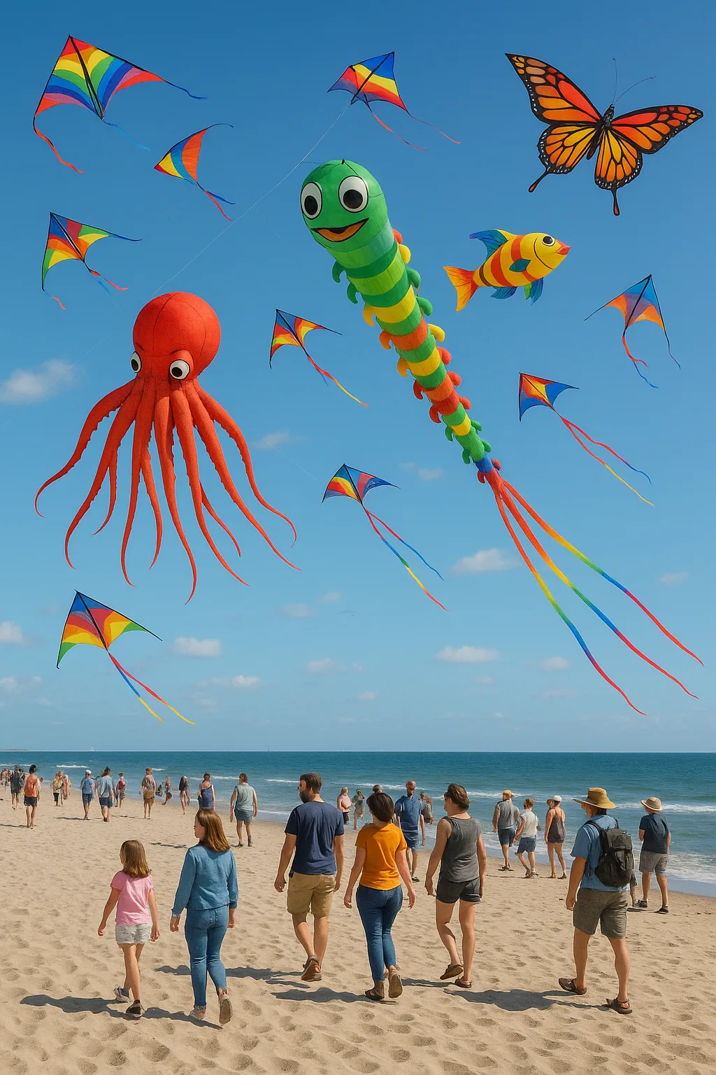 Beach Scene with Vibrant Kites Flying in a Clear