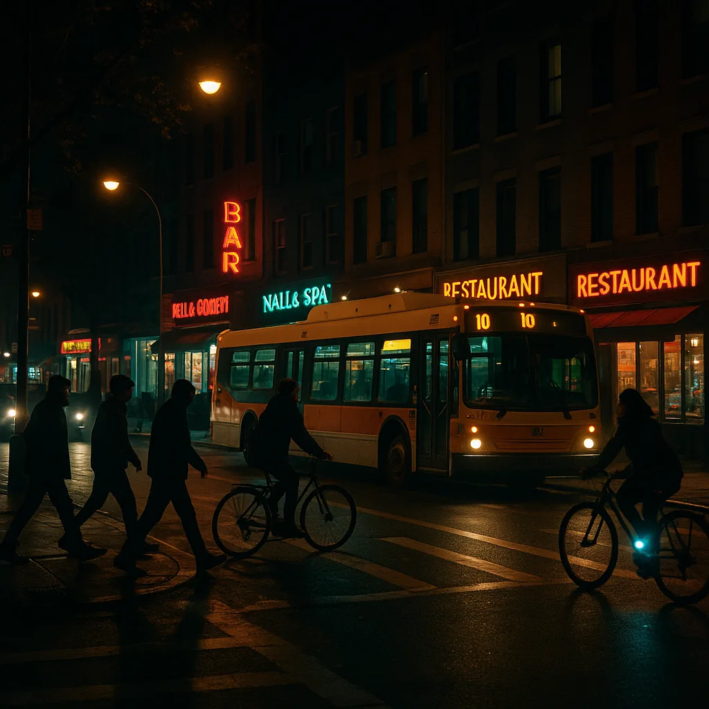 Nighttime Urban Street Scene with Pedestrians