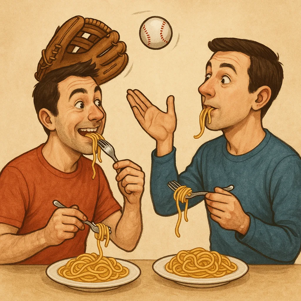 Two Men Are Simultaneously Tossing a Ball and Baseball Glove