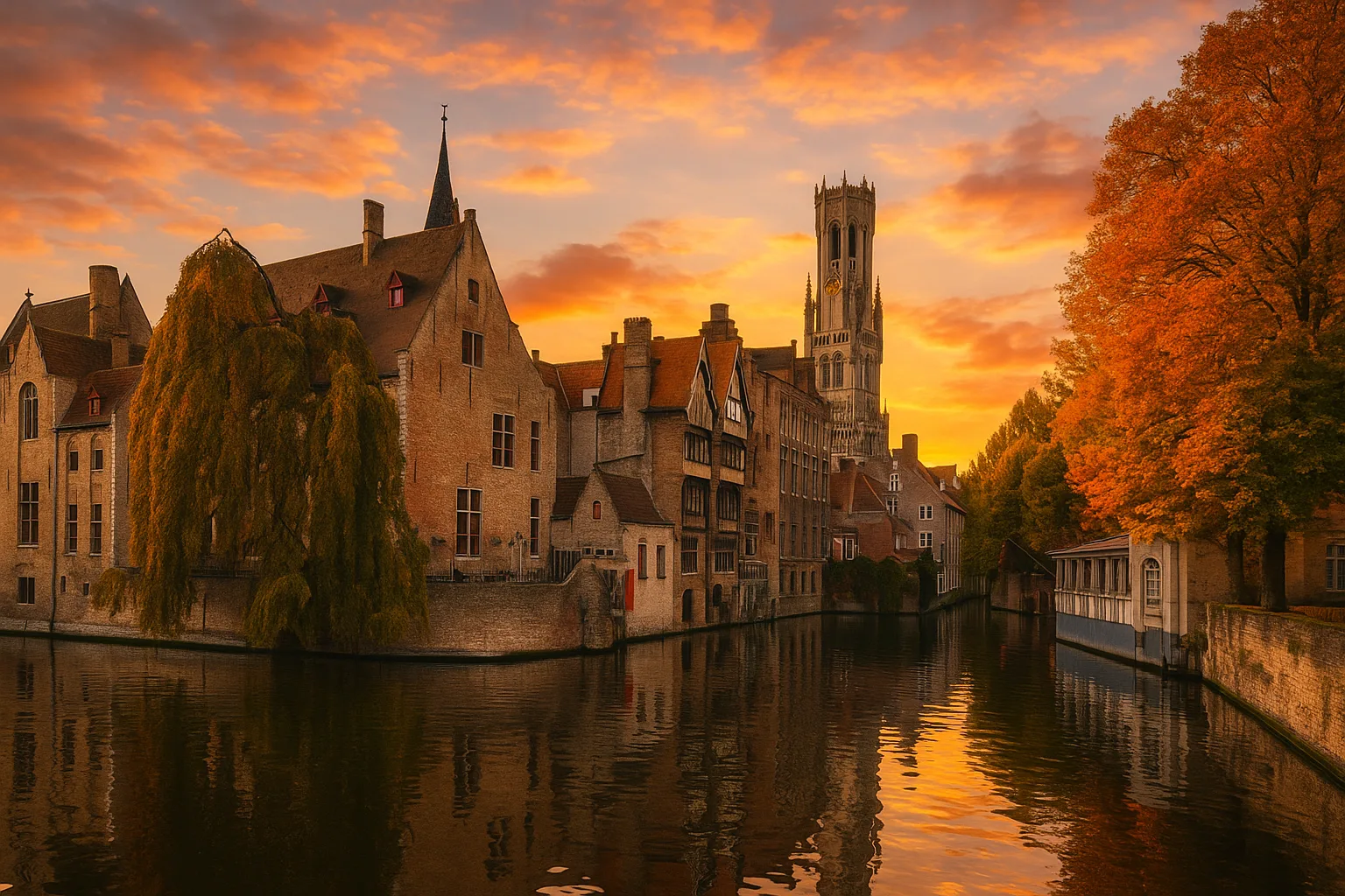Picturesque Canal in Bruges Surrounded by Historic Buildings
