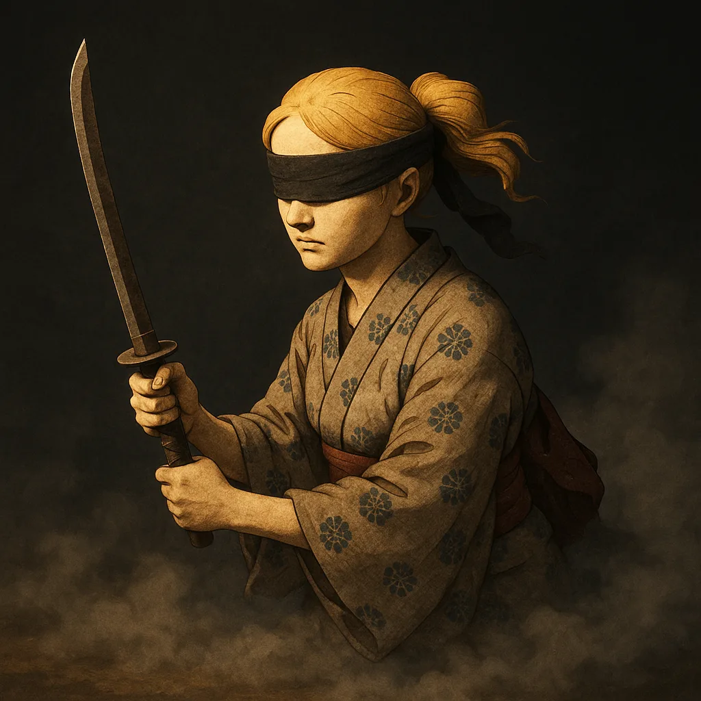 Blindfolded Ukiyo-e Figure with Honey-blonde Hair Brandishes an Item