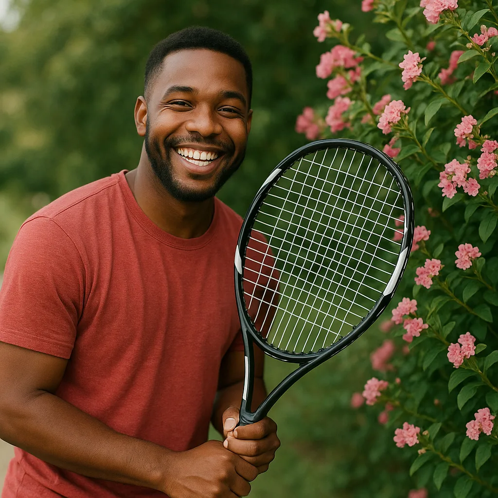 Someone Smiling Broadly and Gripping a Tennis Racket
