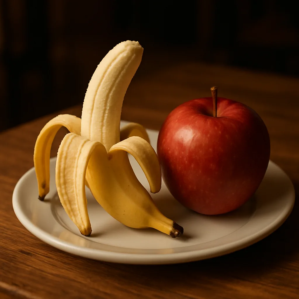 Peeled Banana and an Apple Rest on a White Plate