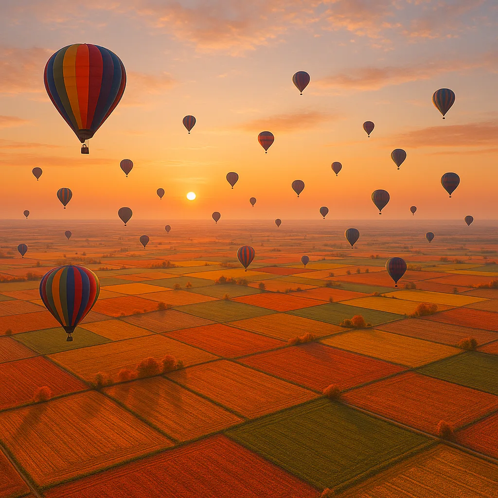 Many Distant Hot Air Balloons Drift Silently over a Vast
