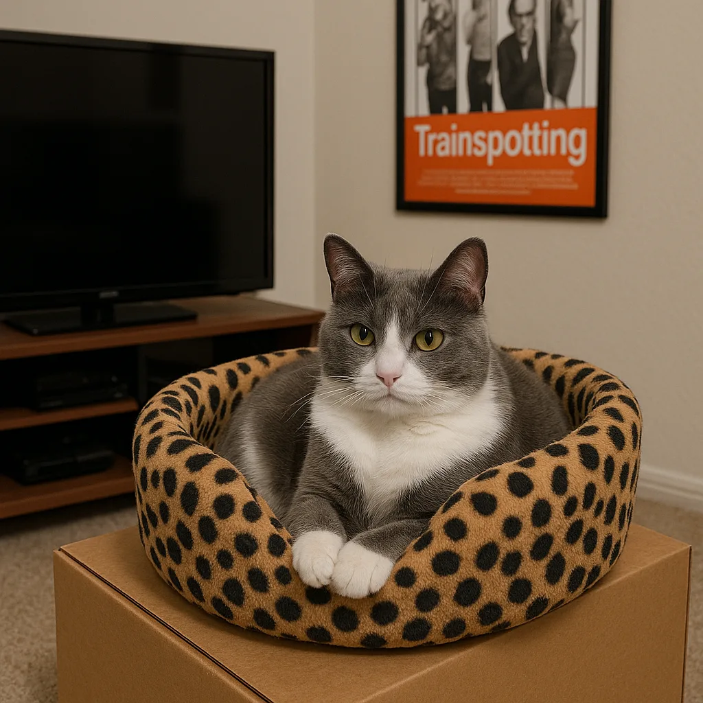 Gray and White Cat Rests Inside a Leopard-print Cat Bed