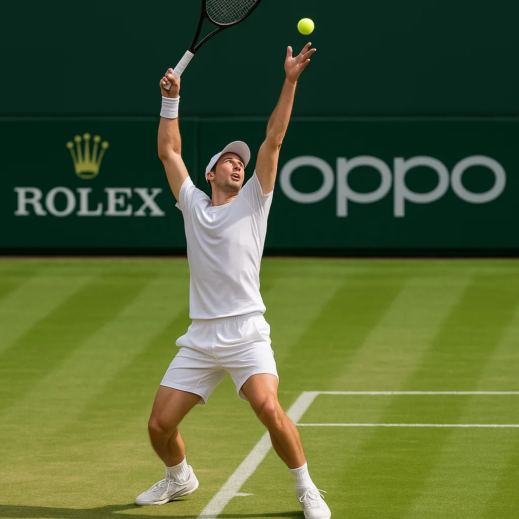 Tennis Player in Mid-serve Motion on a Grass Court