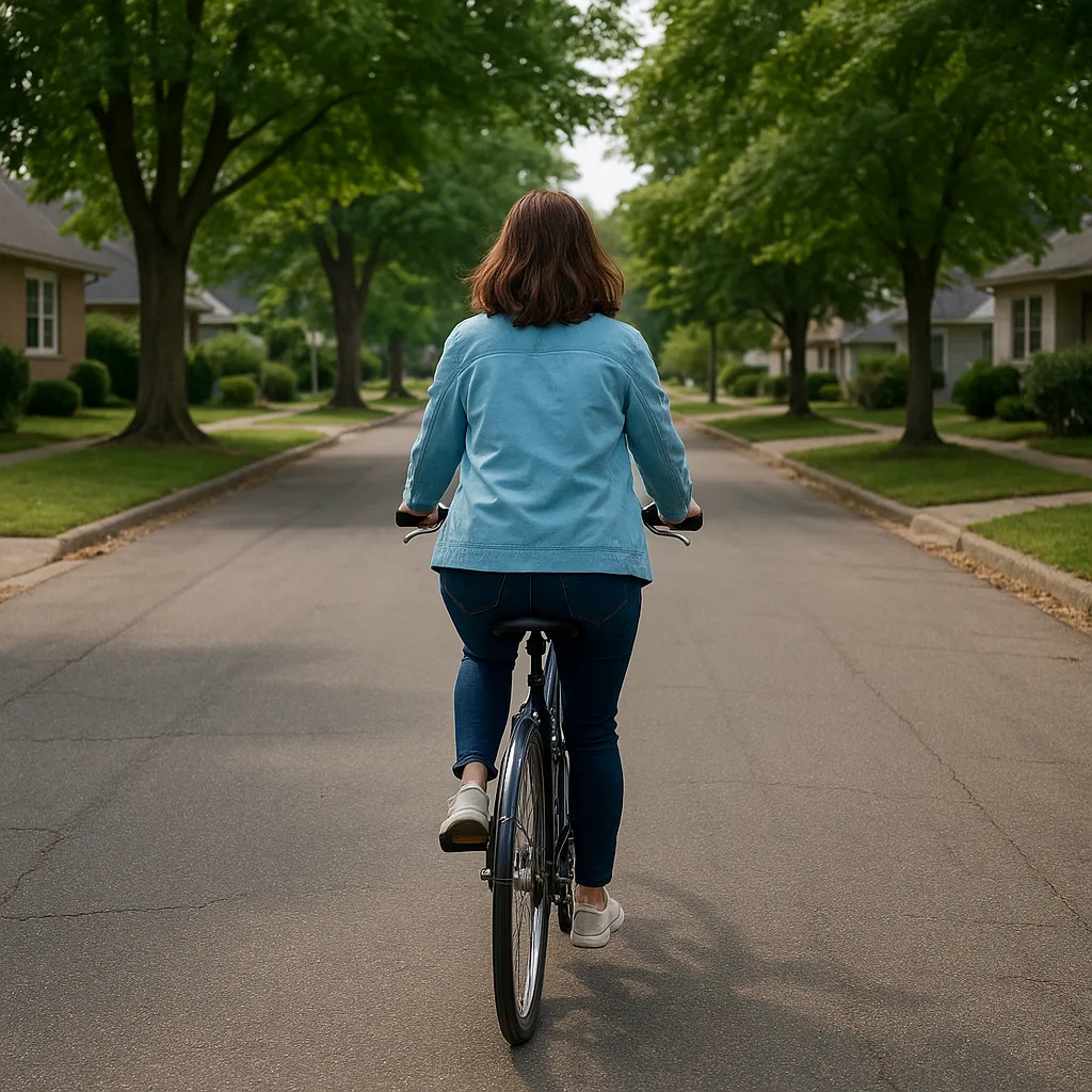 Woman Wearing a Light Blue Jacket Rides a Bicycle