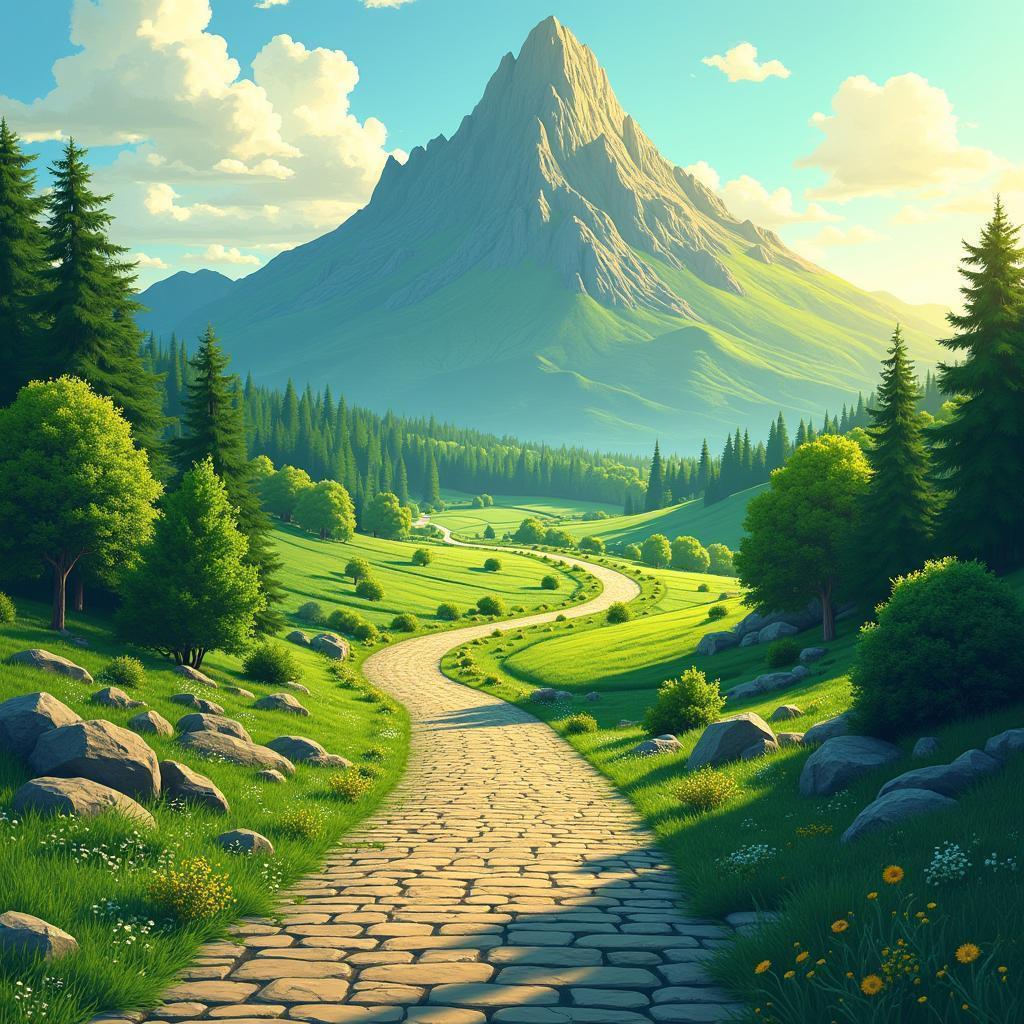 Green Brick Road Winding Toward the Mountain