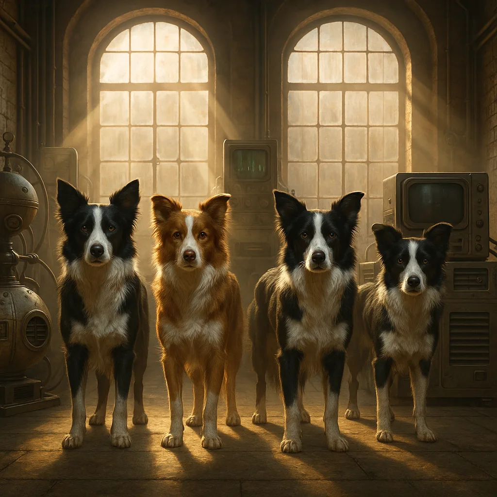 Four Diverse Border Collies Stand in Symmetrical Formation