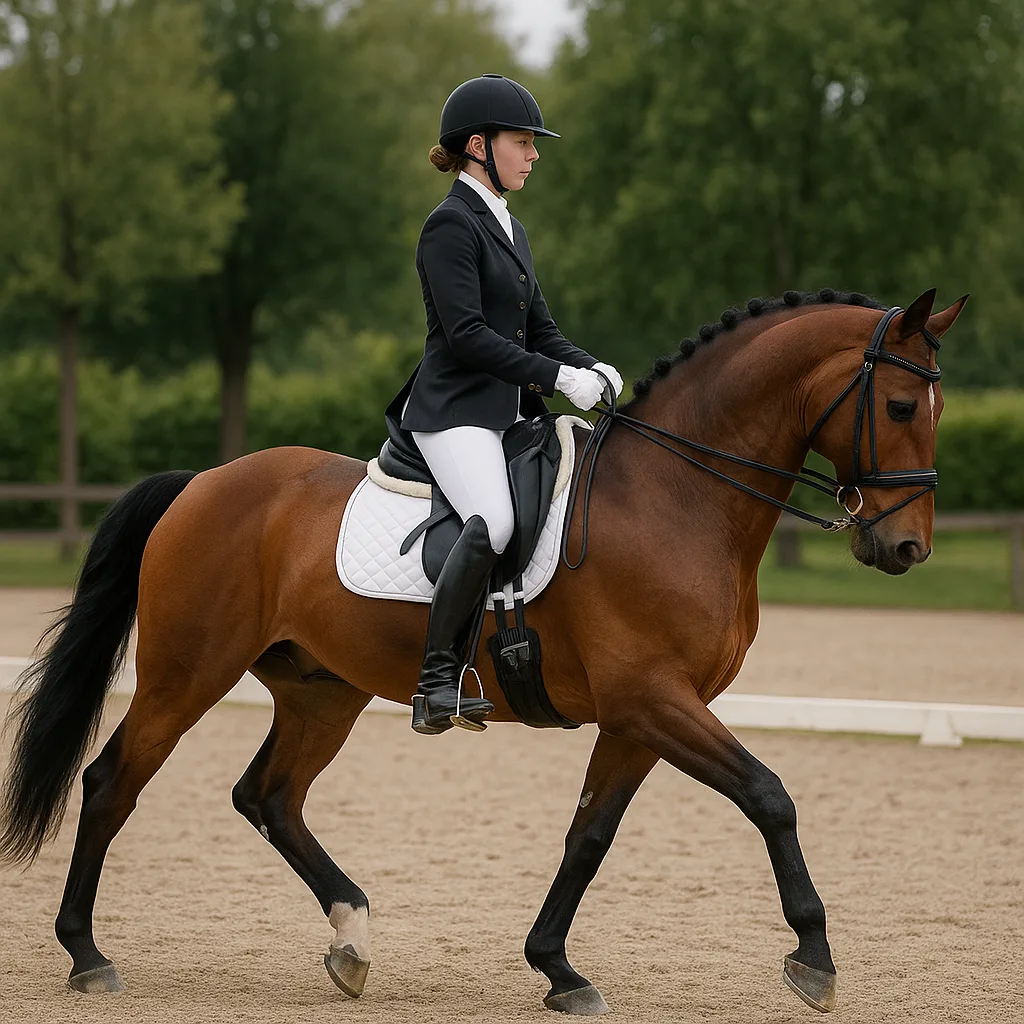 Person Dressed in Equestrian Attire Riding a Brown Horse