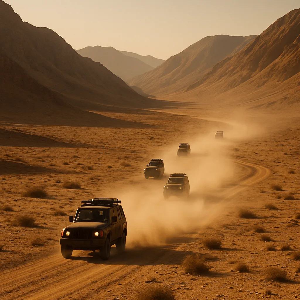 Small Convoy of Rugged Vehicles Kicks Up a Plume