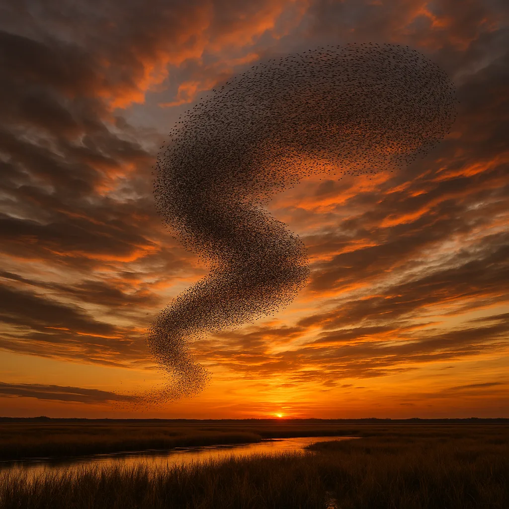 Countless Tiny Birds Form a Swirling Murmuration Against a Dramatic