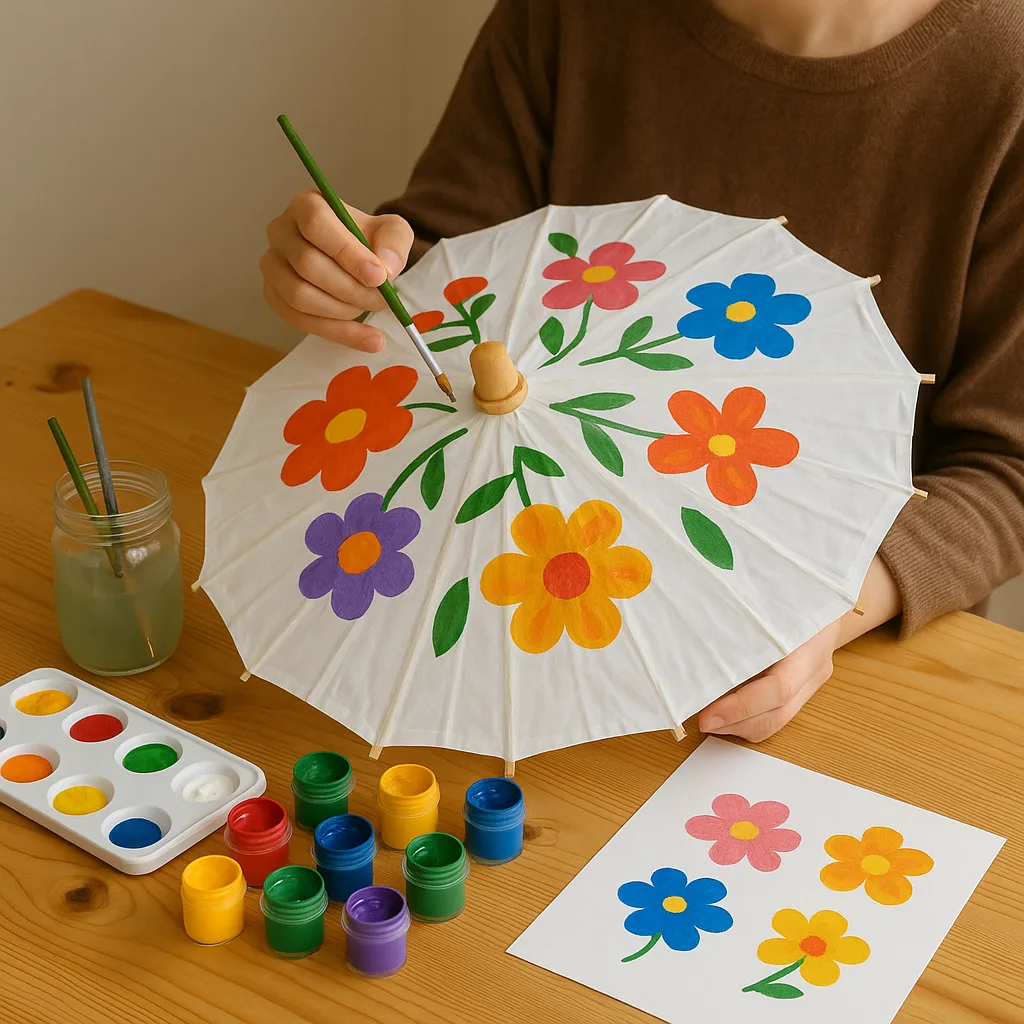 Person Painting Colorful Flower Designs on a White Umbrella