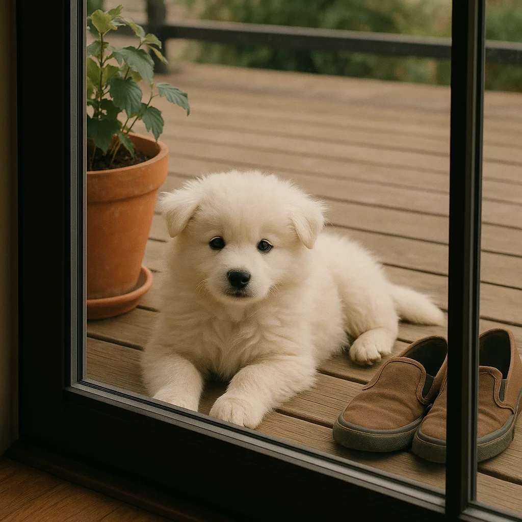 Fluffy White Puppy Rests on a Deck