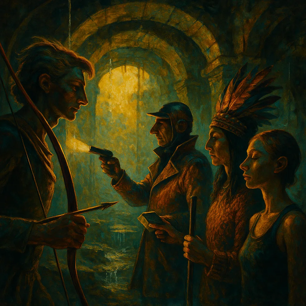 Four Figures Interact Within a Forgotten Subterranean Crypt