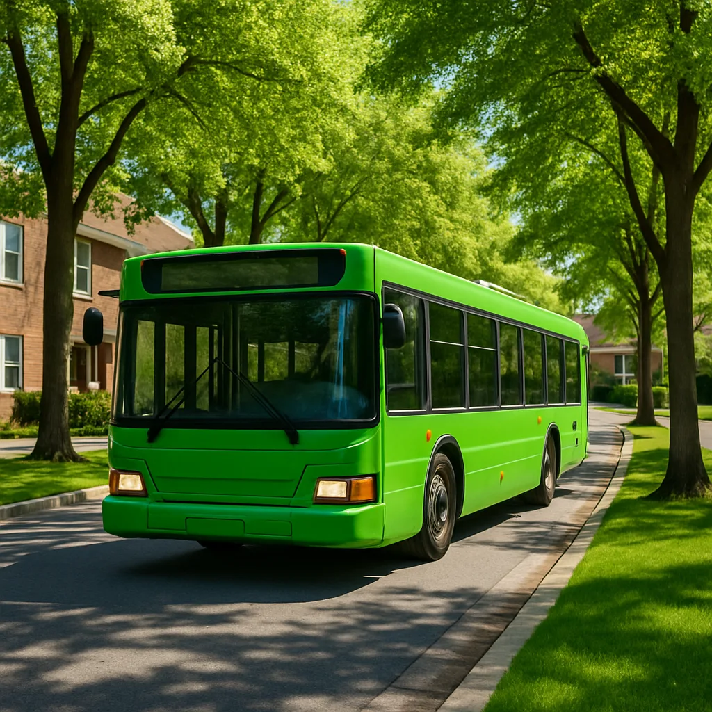 Green Public Bus Driving Down a Tree-lined Suburban Street