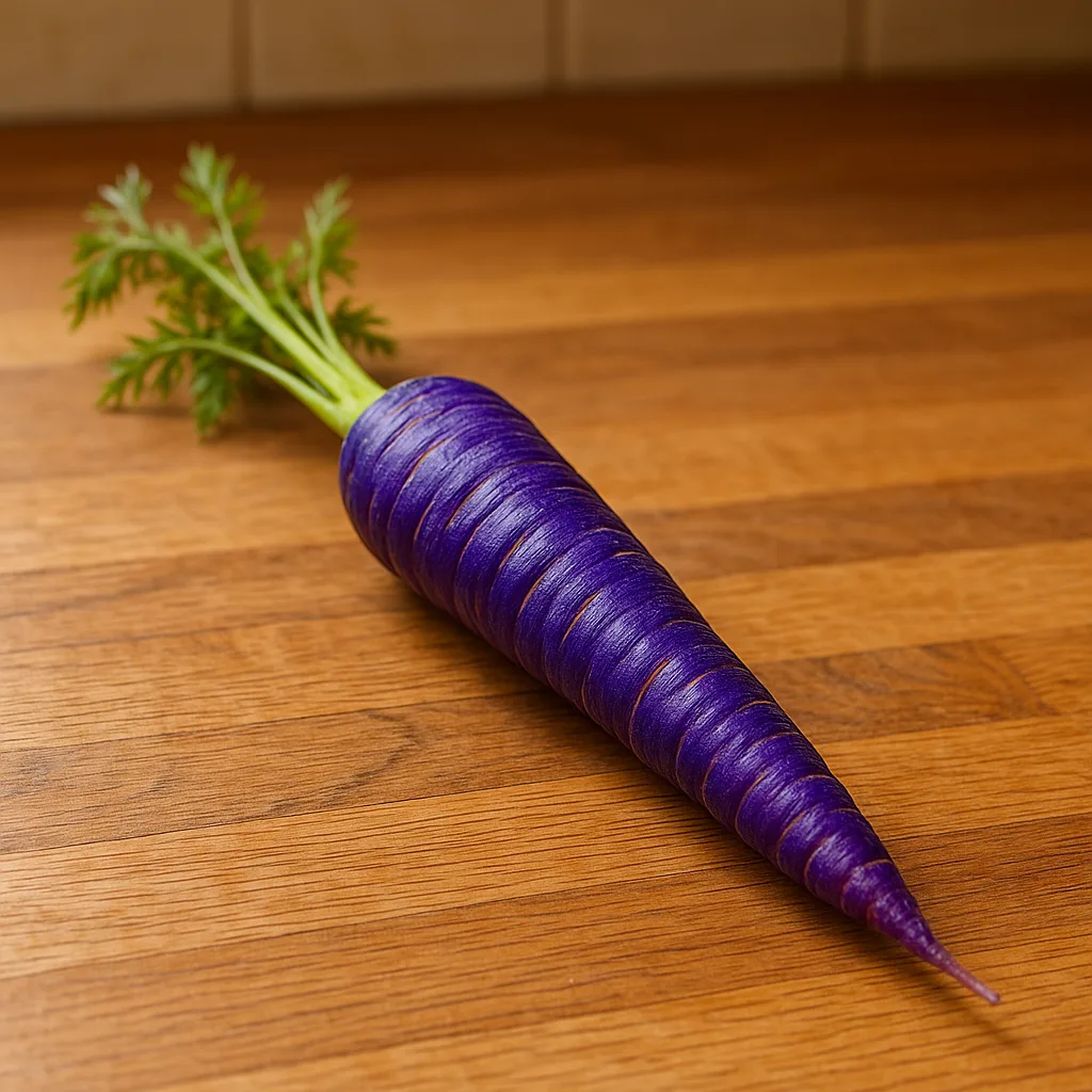 Lively Carrot in Shades of Indigo Resting on a Wooden