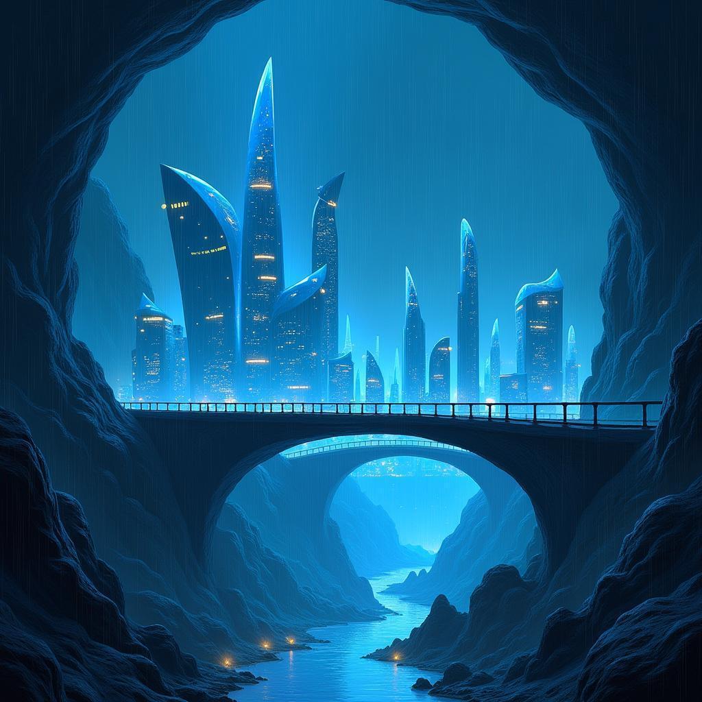 Rainlit Glass City Inside a Cavern