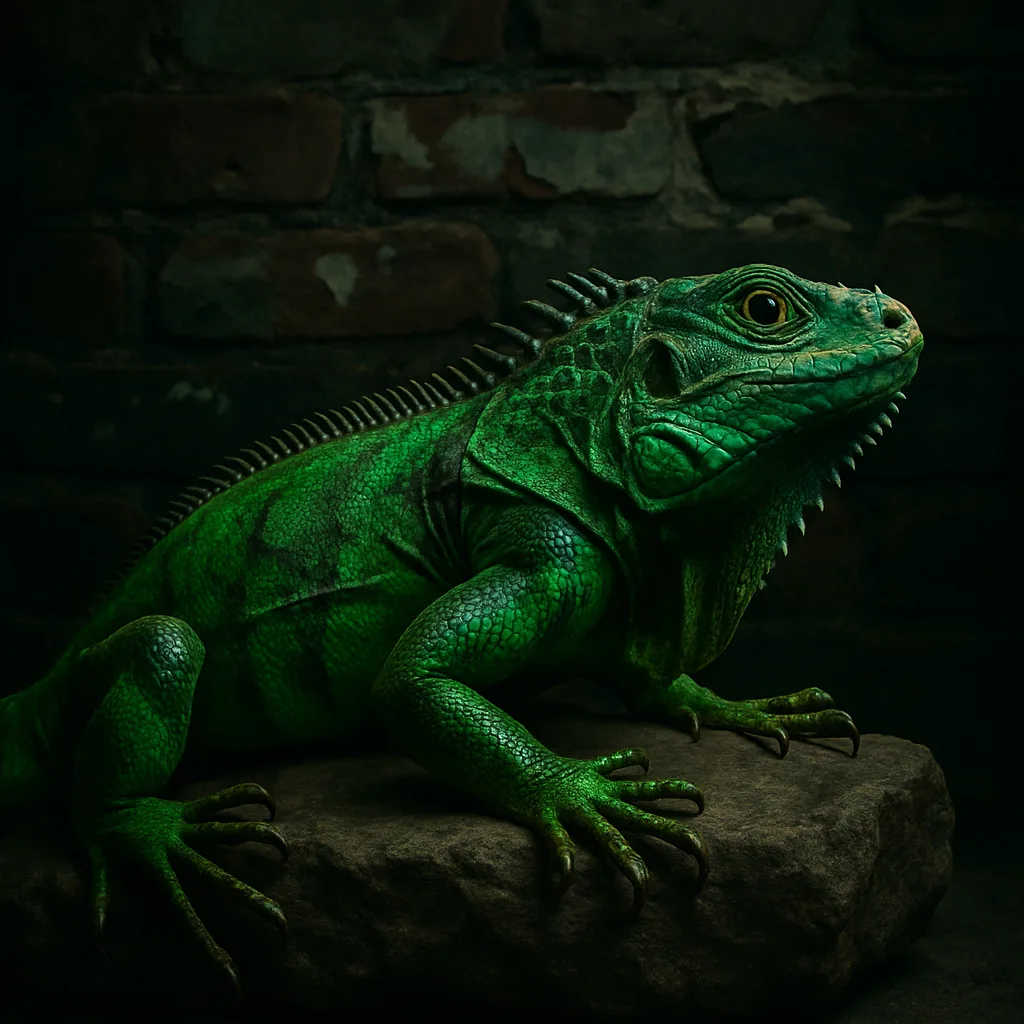 Emerald-green Iguana Sits Motionless on a Rough Stone Surface