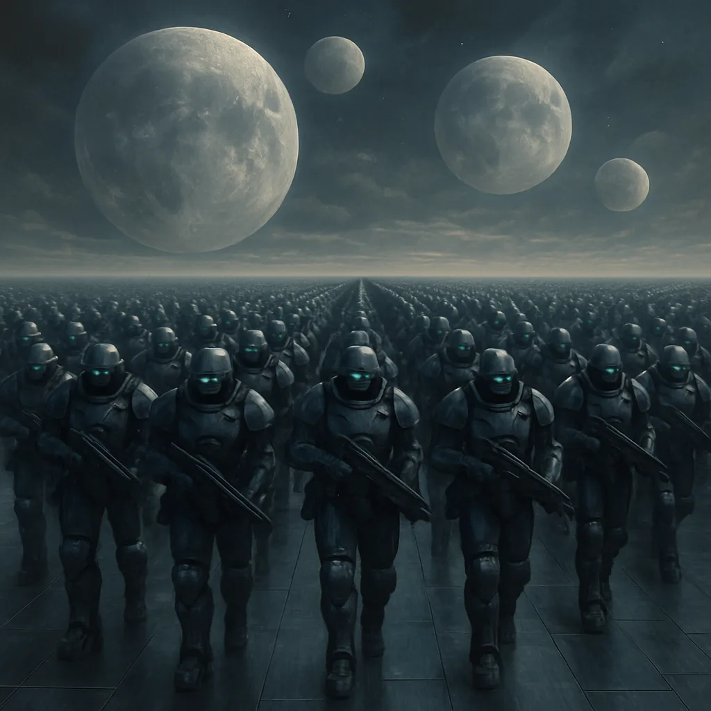 Dense Phalanx of Futuristic Soldiers Marches Uniformly Across a Vast