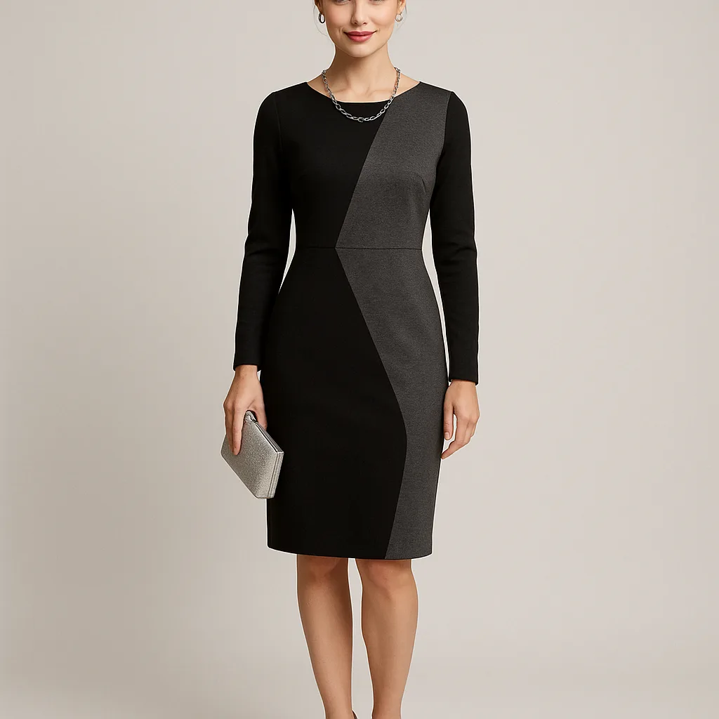 Woman Wearing a Black and Gray Asymmetrical Dress