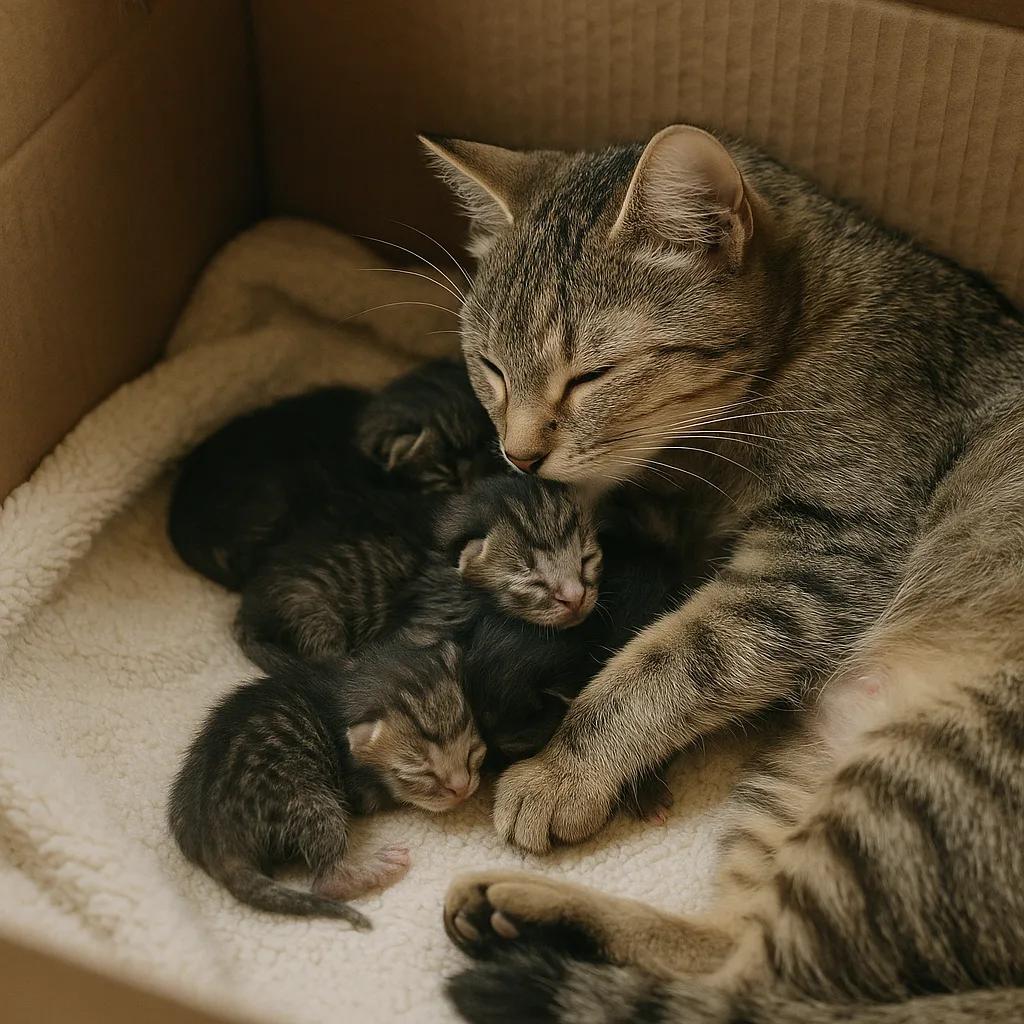 Mother Cat in a Box Tenderly Caring for Her Newborn