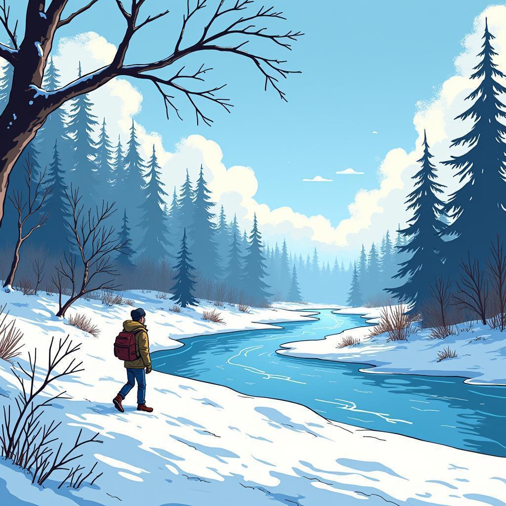 Comic Winter Walk Along a Snowy River