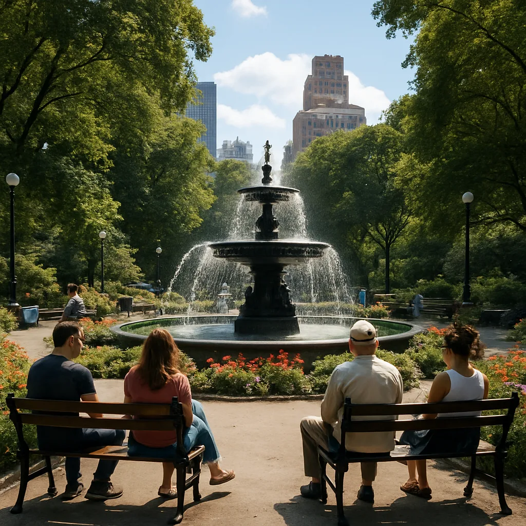 City Park with People Sitting on Benches near a Fountain
