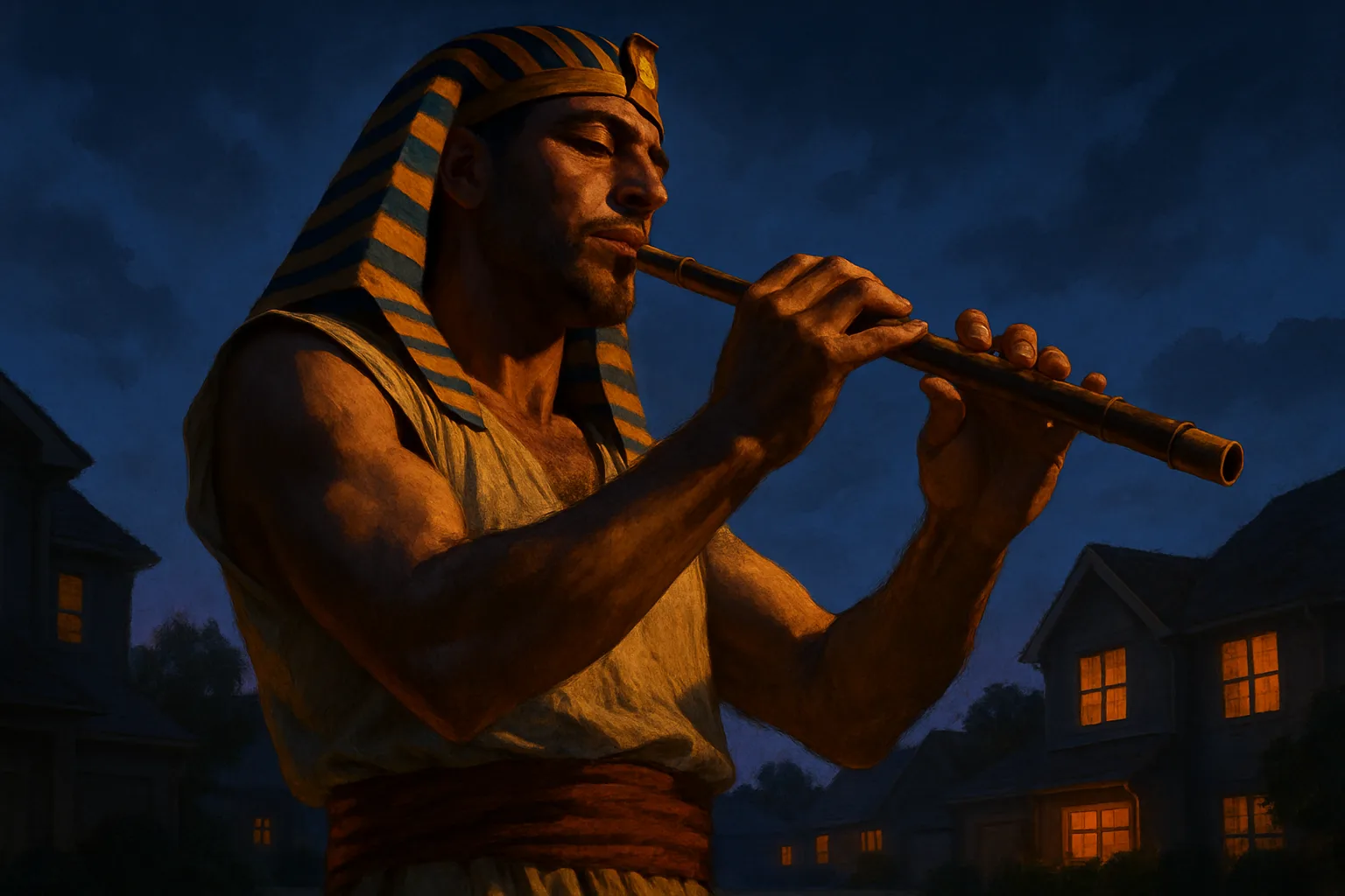 Pharaonically Stylized Peasant Musician with a Stubbled Jaw Plays