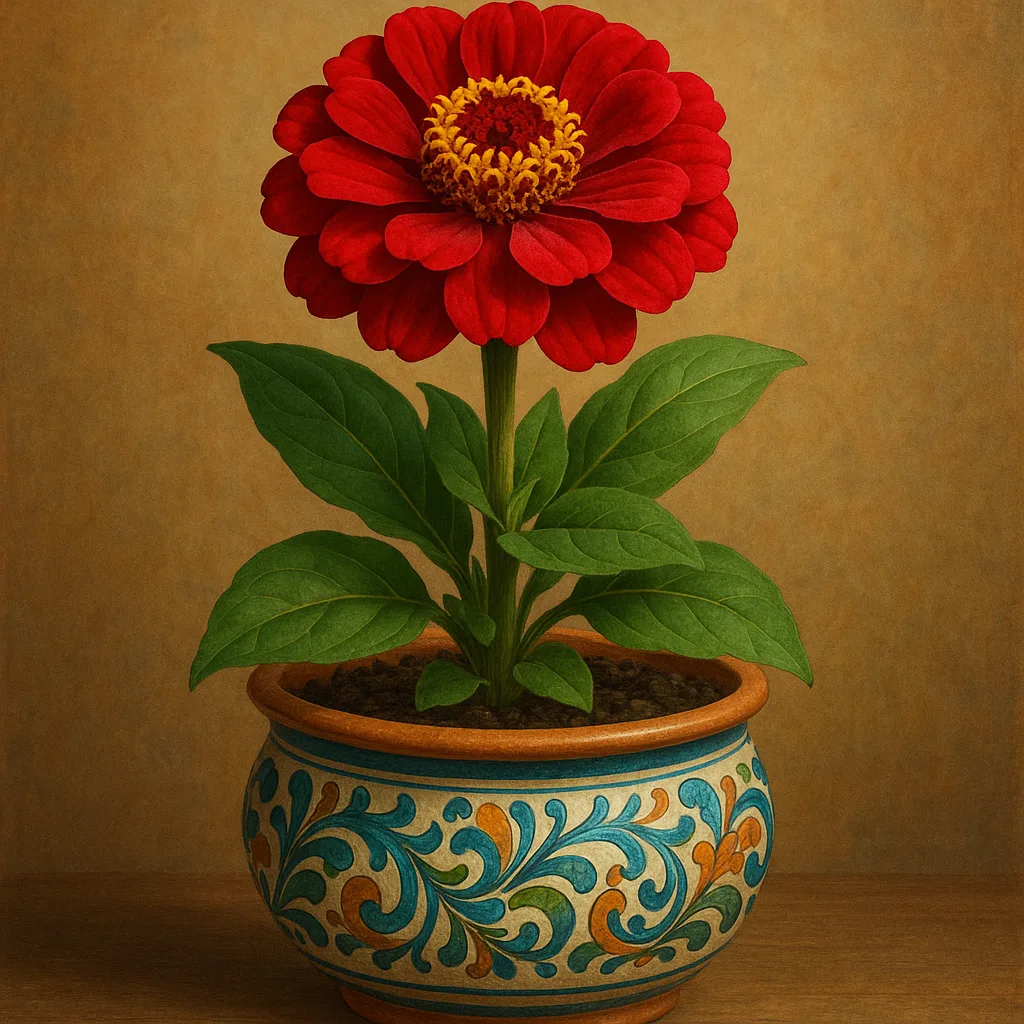 Striking Red Flower Placed in an Ornate Ceramic Planter