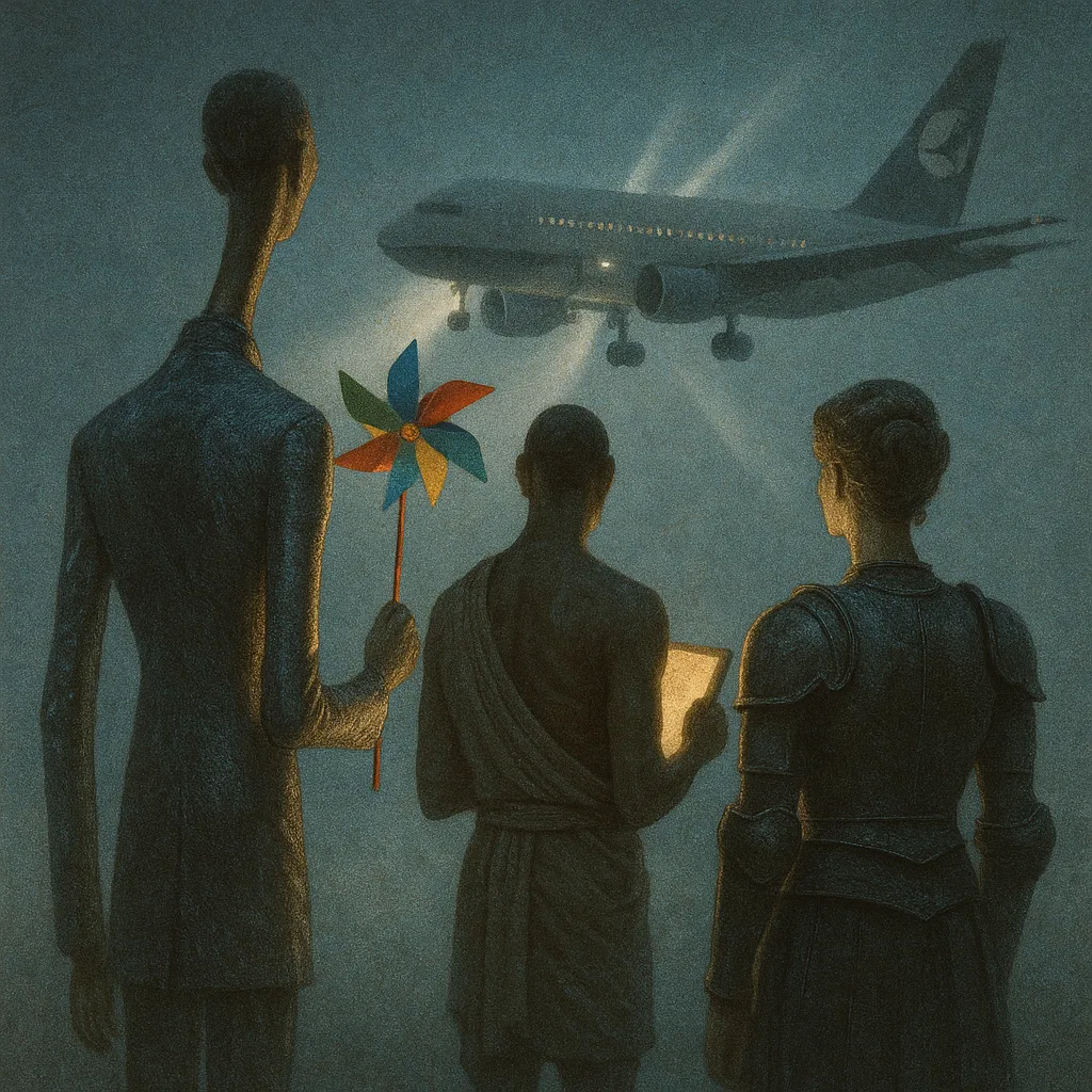 Centered on Three Figures Enveloped in Dense Ground-level Fog