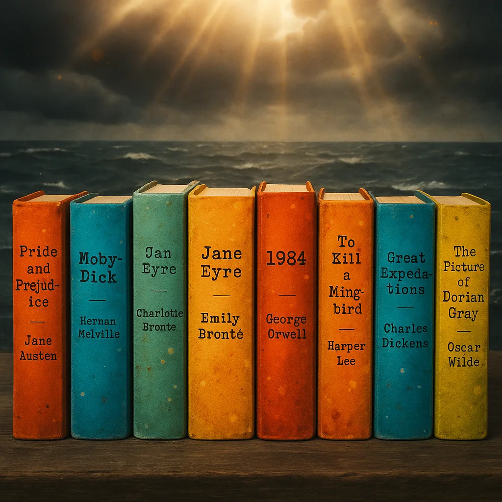 Nine Vibrant Book Jackets with Classic Typewriter Fonts