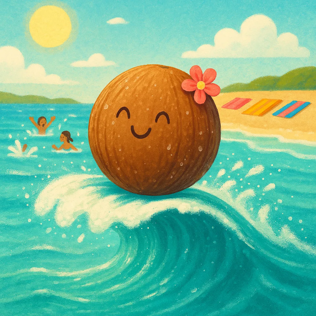 Lively Beach Scene Features a Coconut