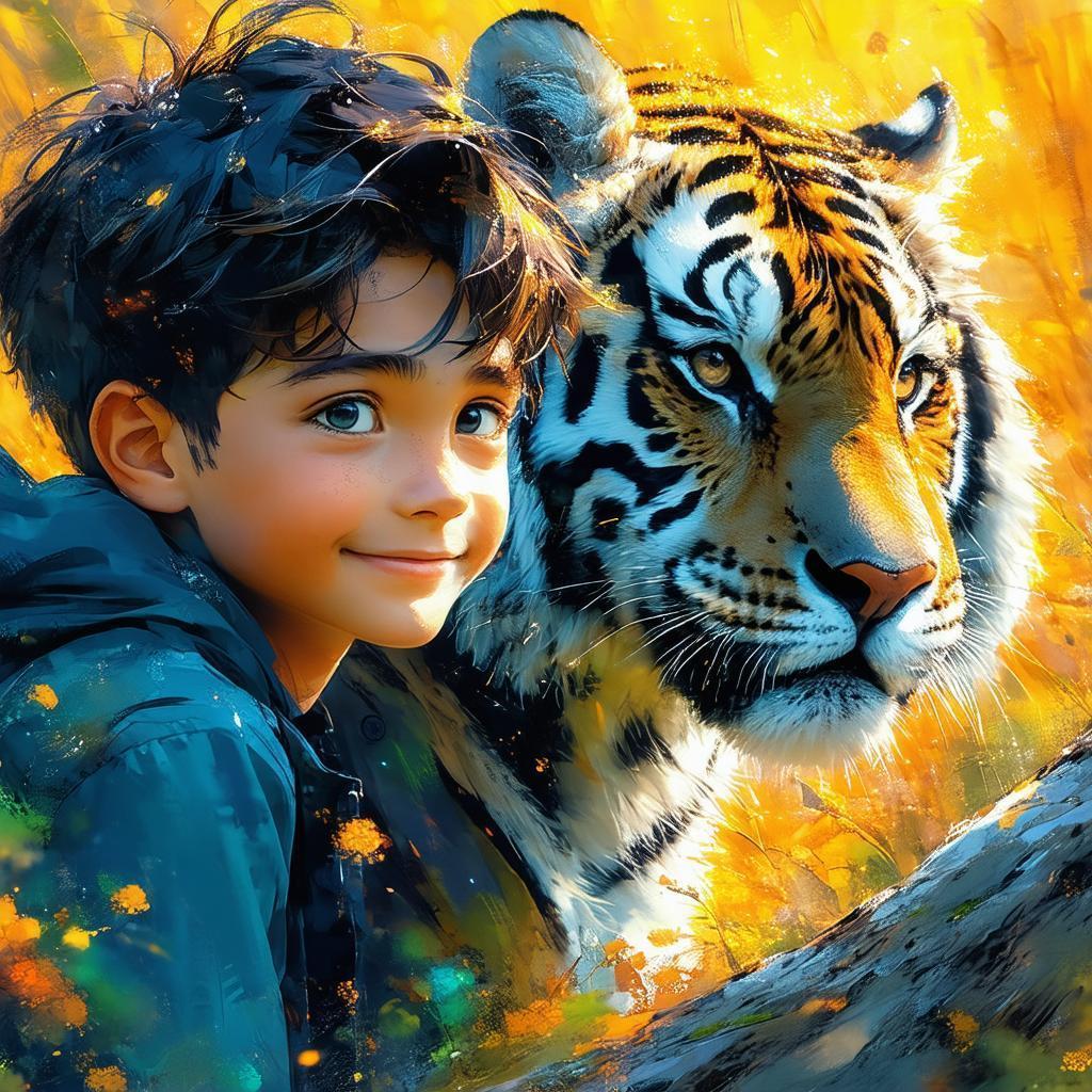 Boy and Tiger in Glowing Dynamic Illustration