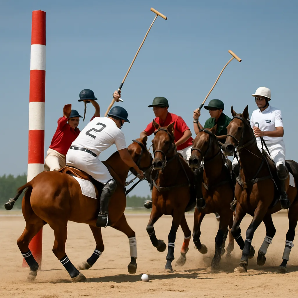 Group of Polo Players on Horses Compete near a Red-and-white