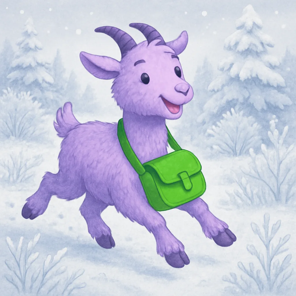 Lively Lavender Goat Skips Across a Snowy Landscape