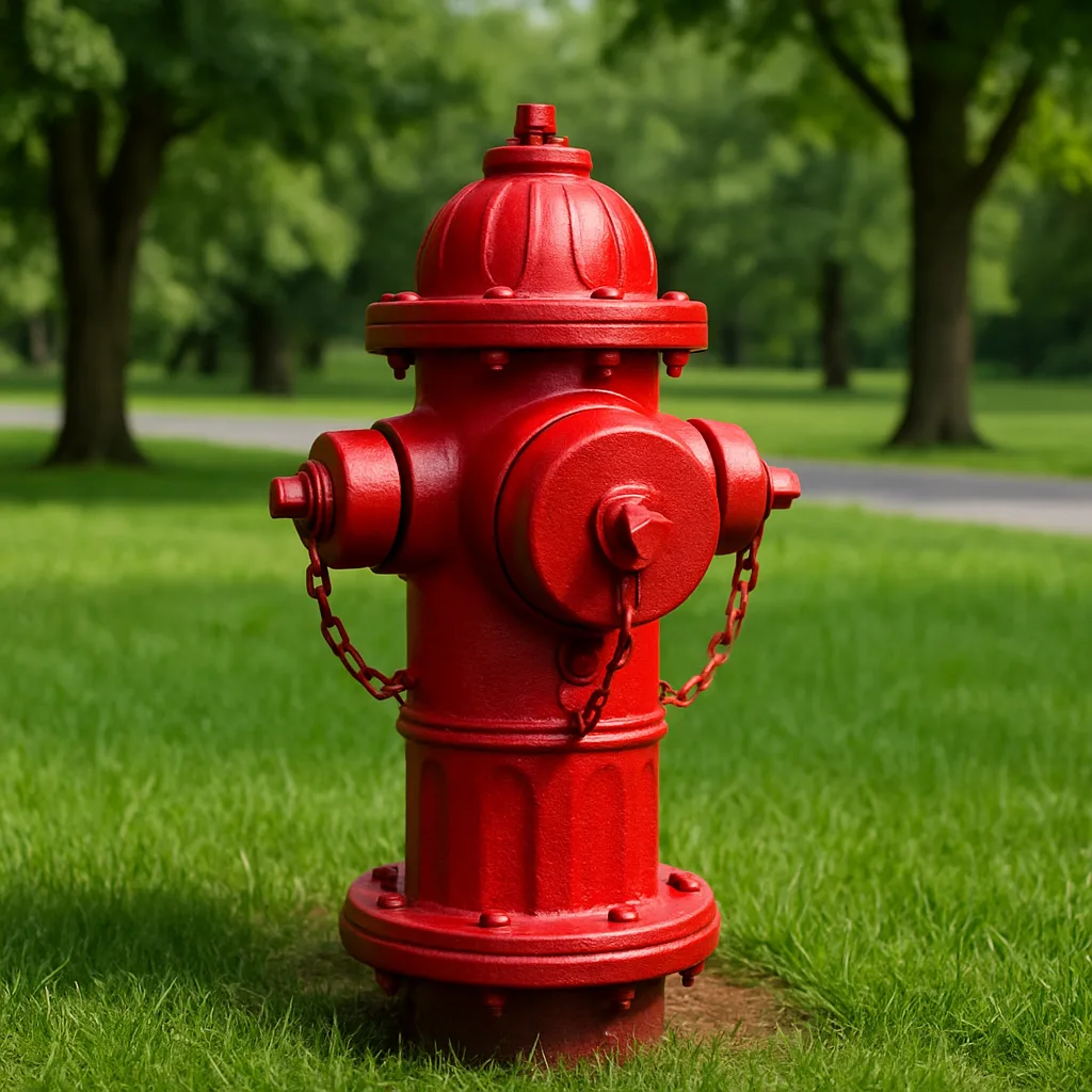 Red Fire Hydrant Standing on Green Grass with Trees