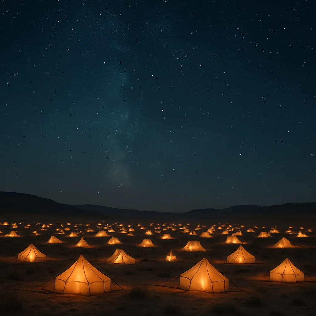 Sprawling Encampment of Countless Illuminated Tents Glows Softly