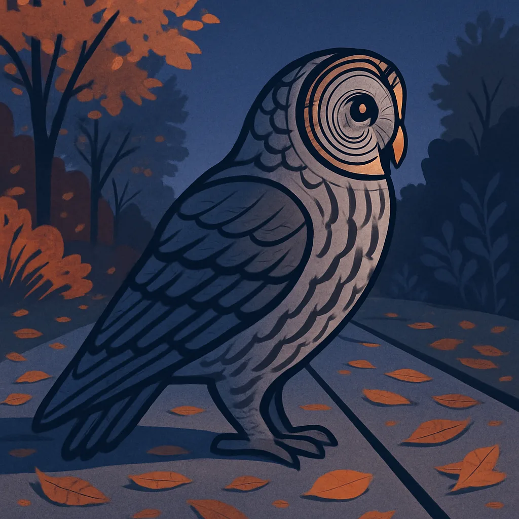 Symbolic Great Grey Owl Profiled on a Leafy Autumnal Sidewalk