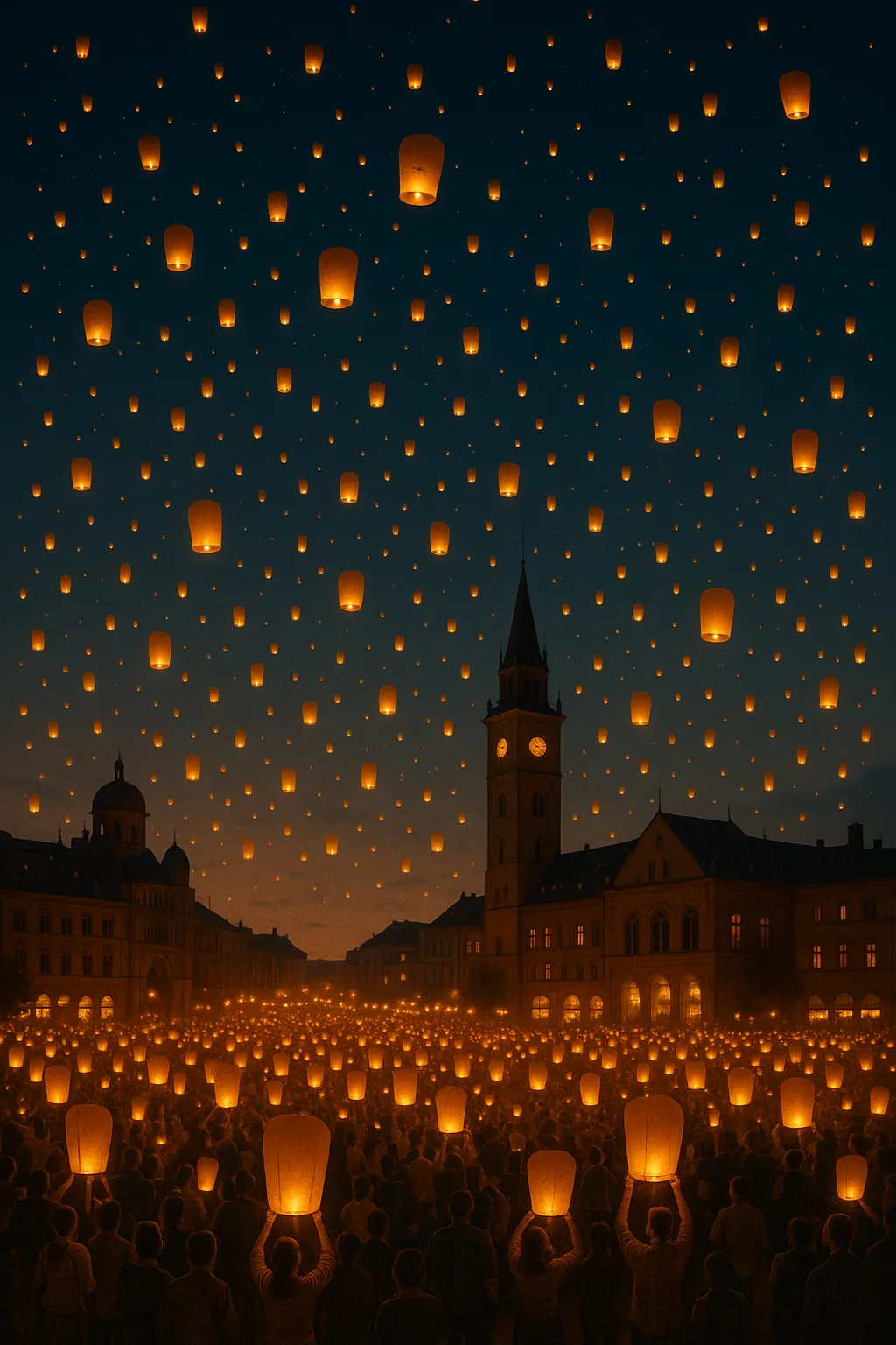 Thousands of Flickering Lanterns Float Skyward from a Distant