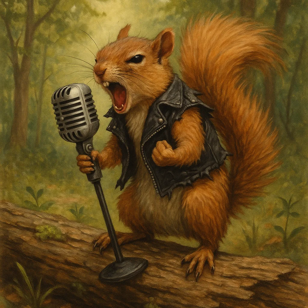 Defiant Squirrel Dressed in a Torn Leather Vest Grips